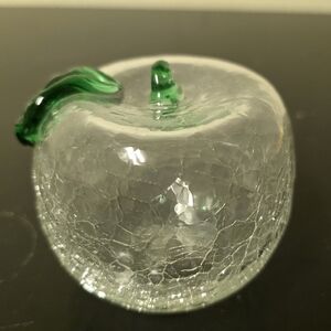 Vintage Blenko Hand Blown Clear Crackle Glass Apple with Green Stem